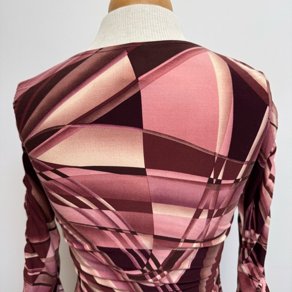 Classy- Vintage Pink and Burgundy Abstract Ruched Tie-Sleeve Blouse-Y2K - Picture 11 of 13